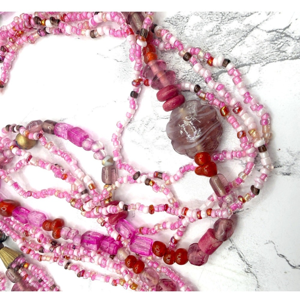 Pink 5 Strand Beaded Necklace Glass Beads Gold Bubblegum Barbiecore 30" - Picture 3 of 8
